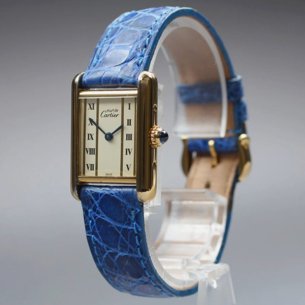 Excellent Ladies Cartier Gold Plating 20mm Tank Watch Blue Strap